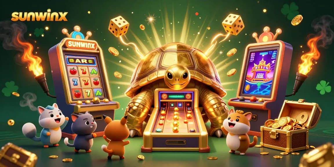 Engage with sunwinx’s vibrant casino scene featuring a colossal golden tortoise and a slot machine.