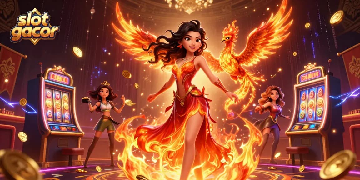 Experience the thrilling action of slot gacor with a powerful Asian woman and flying phoenix illustration.