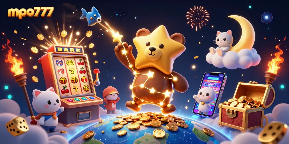 Experience the thrill of mpo777 with vibrant jackpot symbols and winning characters in a magical casino world.