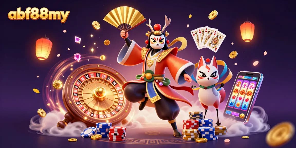 Engage with afb88my's vibrant 3D casino scene featuring a kabuki warrior and dynamic gaming elements.
