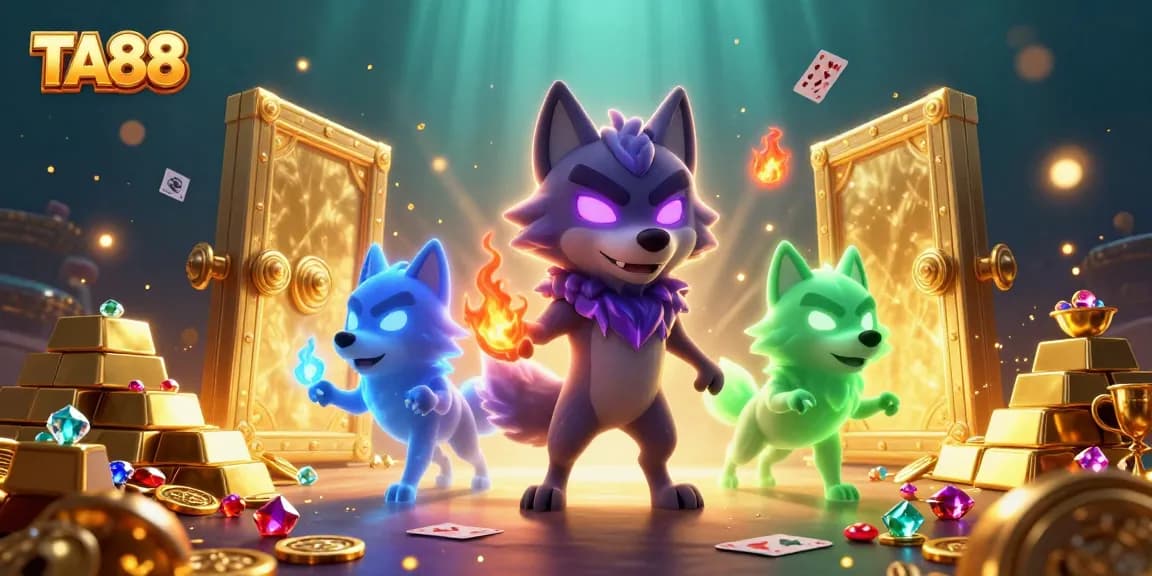TA88 gaming scene showcases lucky wolves amid gold and casino treasures.