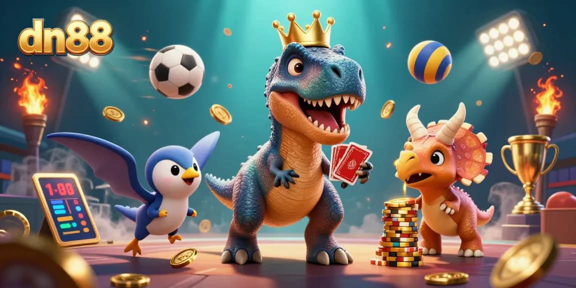 Experience the thrill of dn88 as cartoon dinosaurs shuffle cards and stack chips in a dynamic casino scene.