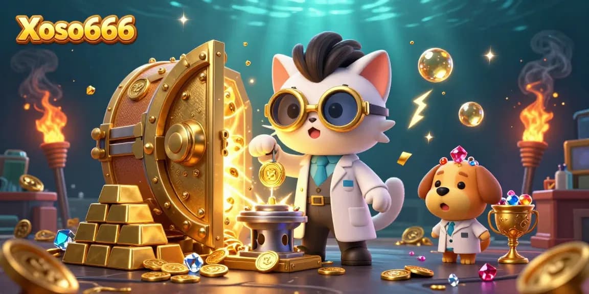 Xoso666 ignites excitement as a mad scientist cat creates a gold-coin machine amidst sparkling treasures.