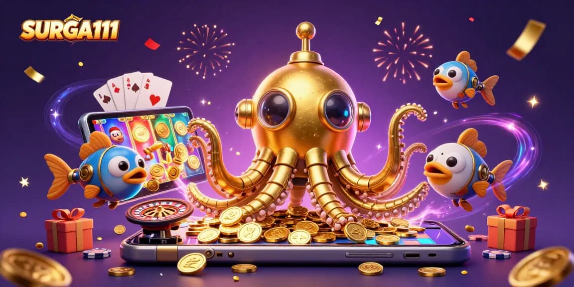 Experience the excitement of SURGA111 with a dynamic illustration of a golden kraken and slot games erupting coins.
