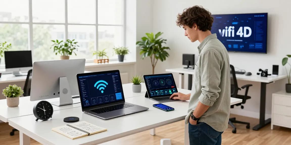 Workspace modern dengan profesional muda menggunakan teknologi wifi 4d untuk produktivitas tinggi.