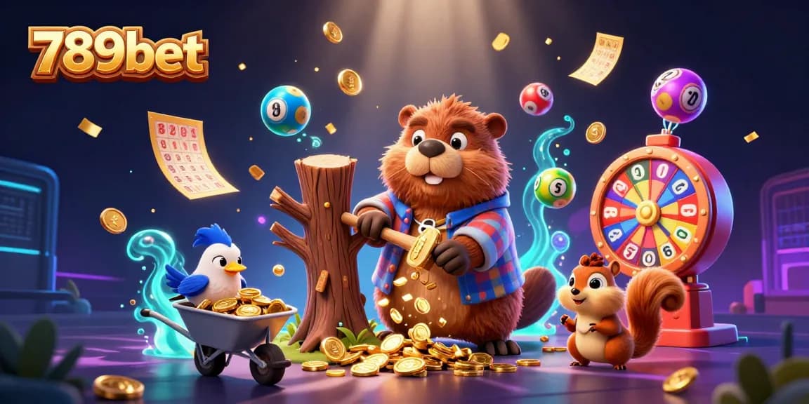 Engage with 789bet through vibrant gaming action, featuring a cartoon scene of characters surrounded by lottery elements and gold.