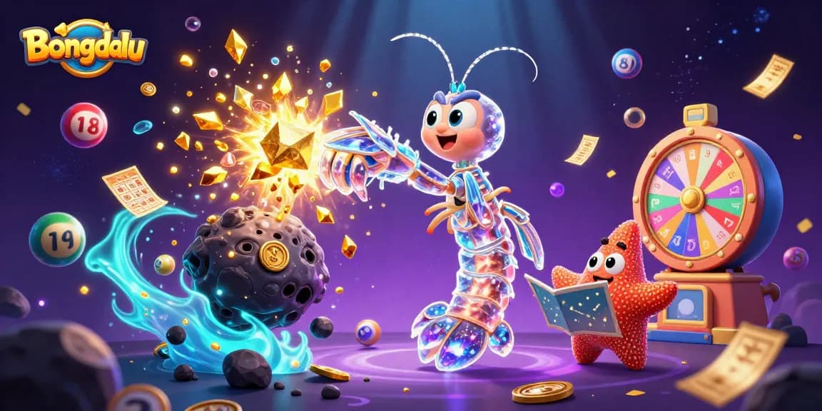 Bongdalu lottery scene with 3D mantis shrimp and starfish amidst colorful elements and games.
