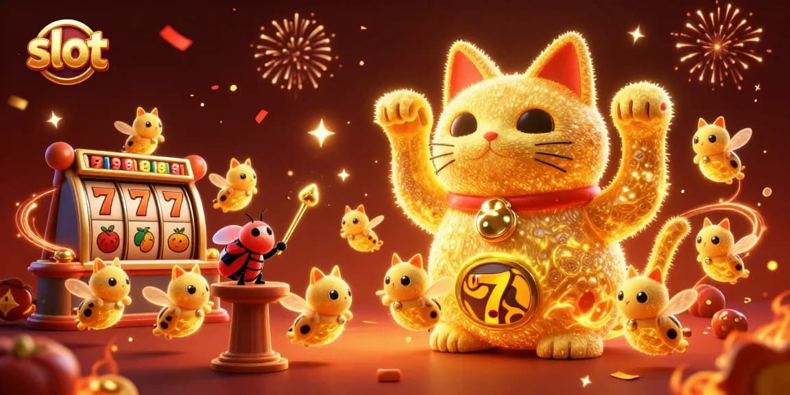 Mainan slot bertema kasino dengan kucing keberuntungan yang bergerak di antara simbol jackpot di ilustrasi 3D yang meriah.
