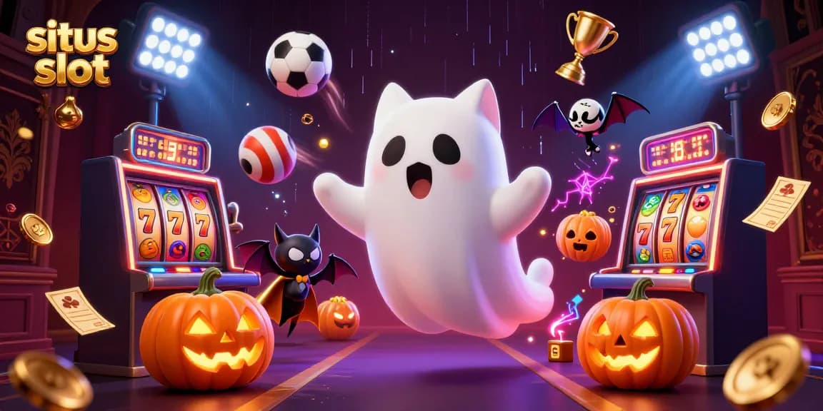 Slot dan elemen kasino dalam ilustrasi bergambar situs slot dengan kucing hantu dan kelelawar.