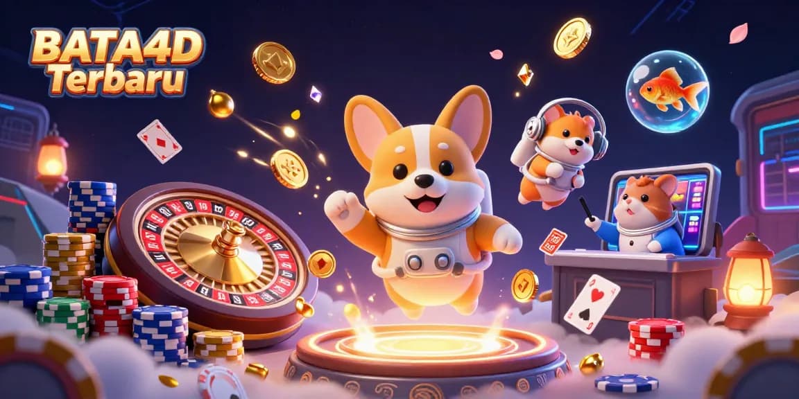 BATA4D Terbaru menampilkan corgi astronaut 3D dan permainan kasino di luar angkasa dengan koin emas melayang.