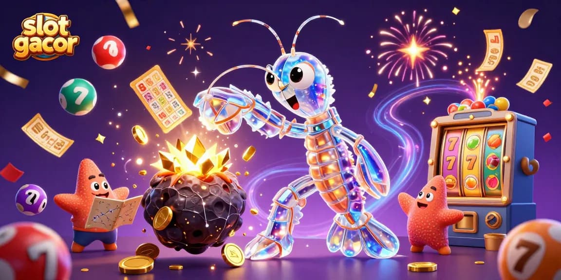 Engaging visual of slot gacor game featuring a mantis shrimp samurai and colorful lottery elements.