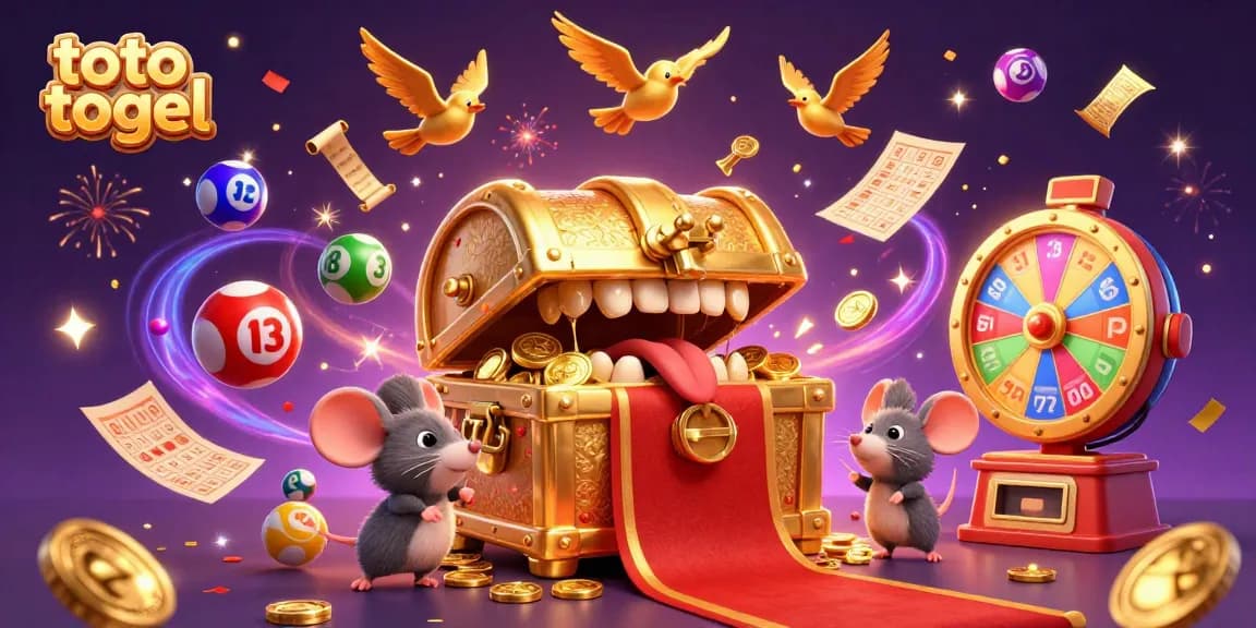 Engage in thrilling toto togel games with a vibrant 3D illustration of lottery elements and golden treasures.
