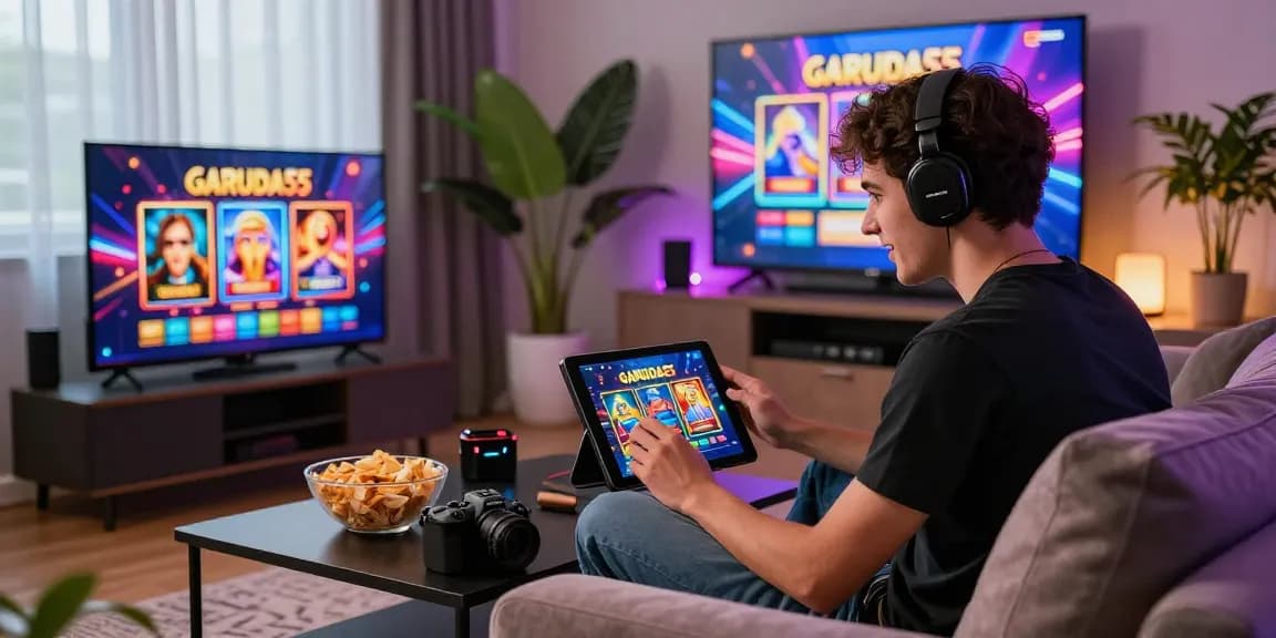 Excited player engaging with GARUDA55 slot games in a vibrant living room.