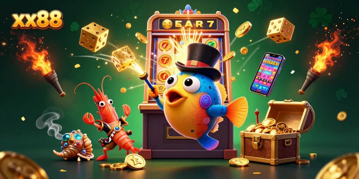 Experience the excitement of xx88 with a dynamic casino-themed illustration featuring vibrant characters and jackpot action.
