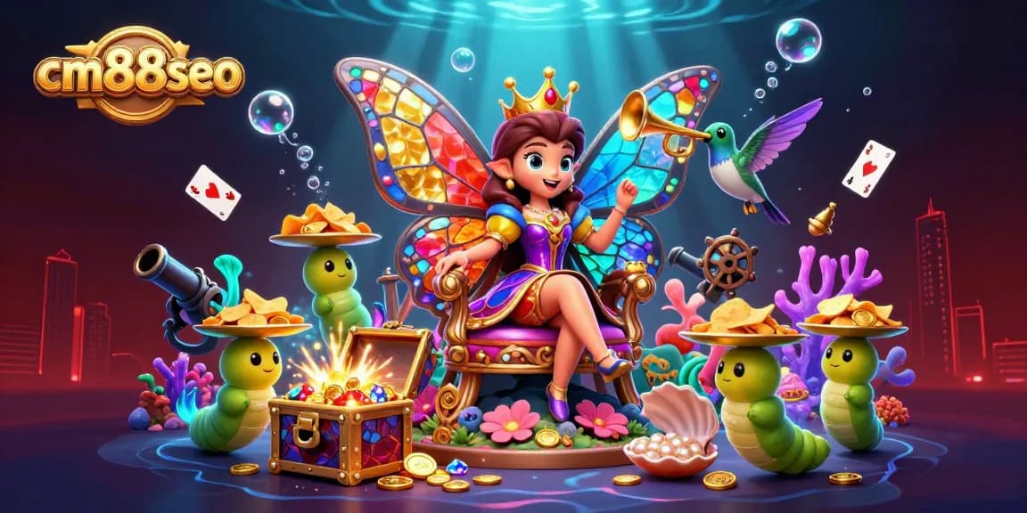 Engage with cm88seo's vibrant 3D casino world featuring a butterfly queen, golden chips, and treasure.