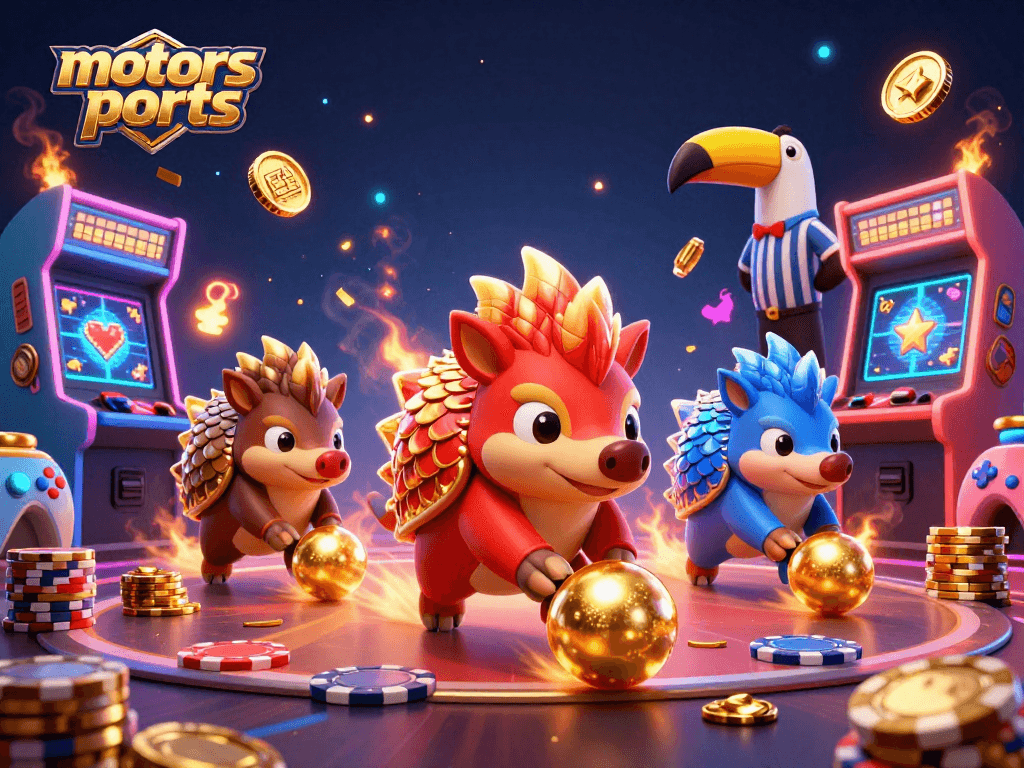 Experience thrilling motorsports action with animated pangolins playing in a vibrant casino.