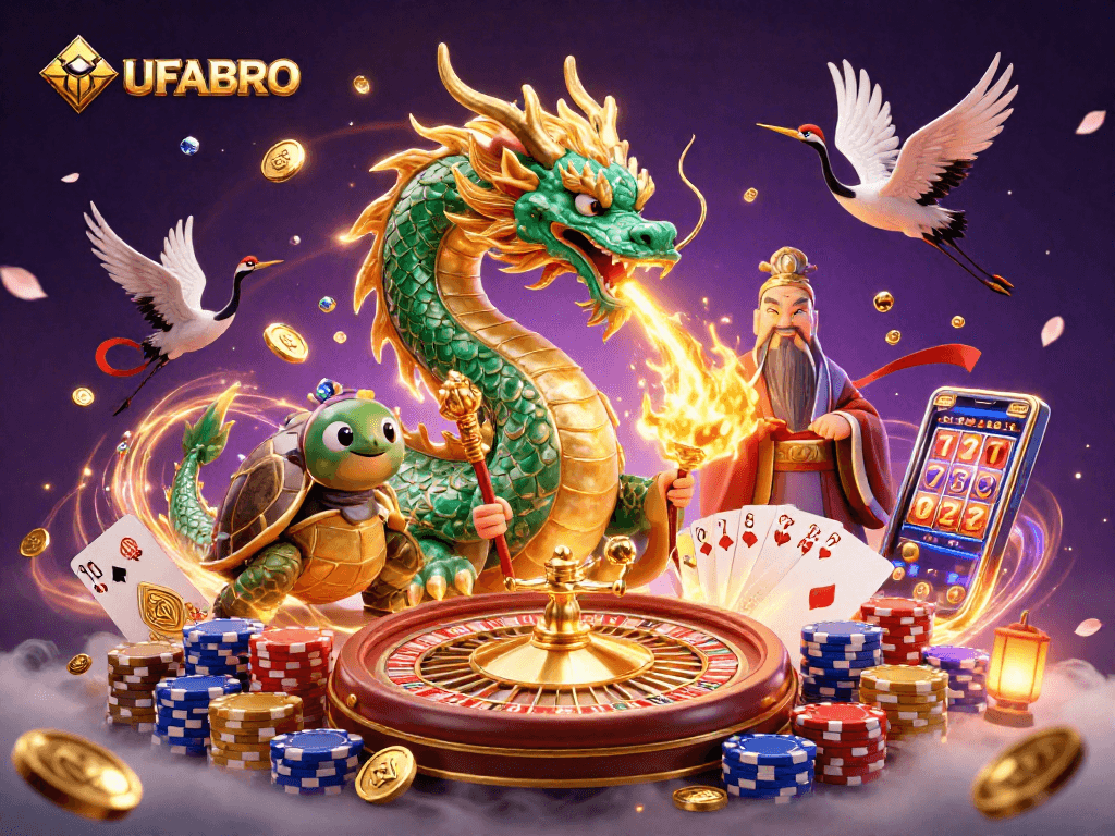 UFABRO offers a thrilling gambling experience with a vibrant 3D illustration showcasing luck and excitement.