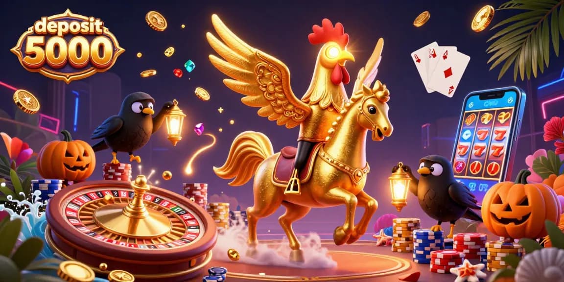 Spin and win at the casino with deposit 5000, featuring golden roosters and exciting game elements.