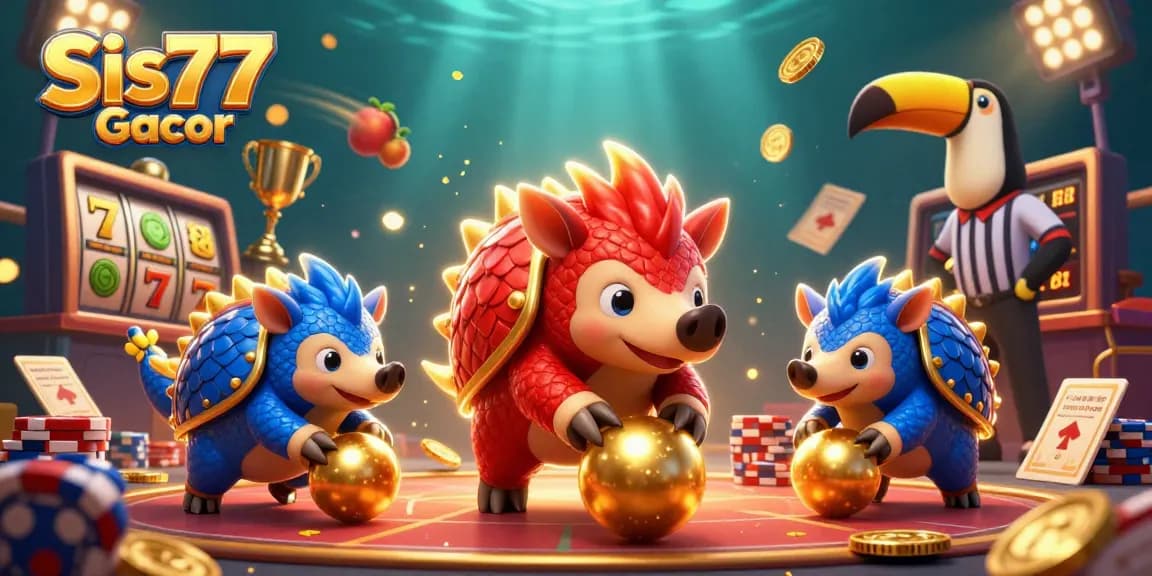 Sis77 Gacor merayakan kemenangan di tragamonedas dengan pangolin dalam armor, chip poker, dan koin emas mengelilingi mereka.