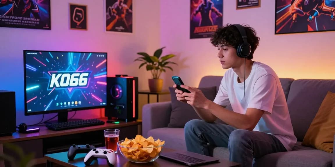 Exciting online gaming scene showcasing KO66 app on mobile, with colorful LED lights and snacks.
