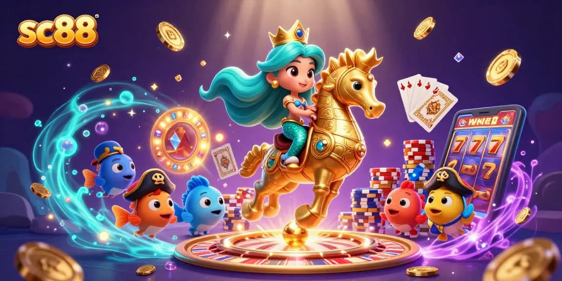Spin and win at sc88 with a vibrant 3D casino scene featuring a mermaid princess and golden treasures.