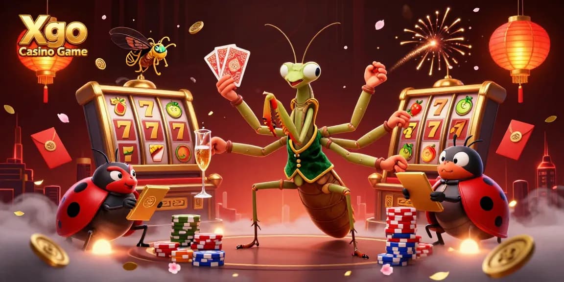 Xgo Casino Game showcases a vibrant 3D casino scene with a mantis dealer and ladybug pit boss, highlighting fun gameplay.