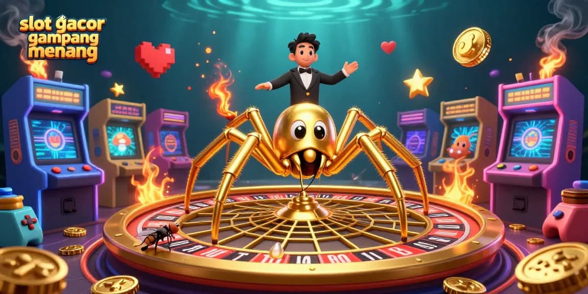 Engage with slot gacor gampang menang in this vibrant, 3D casino illustration featuring animated characters and game elements.