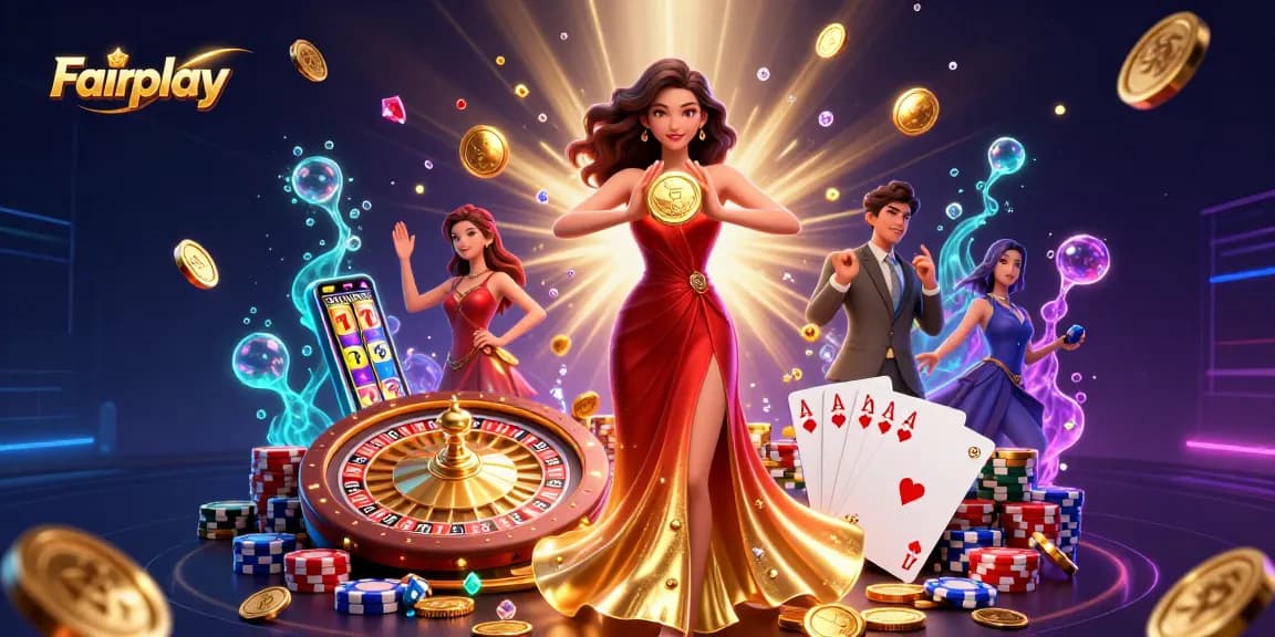 Engage with Fairplay's vibrant casino scene featuring iconic elements and a glamorous character.