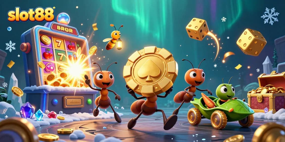 Menangkan jackpot slot88 dengan simbol keberuntungan dan suasana penuh warna dalam ilustrasi 3D dinamis.