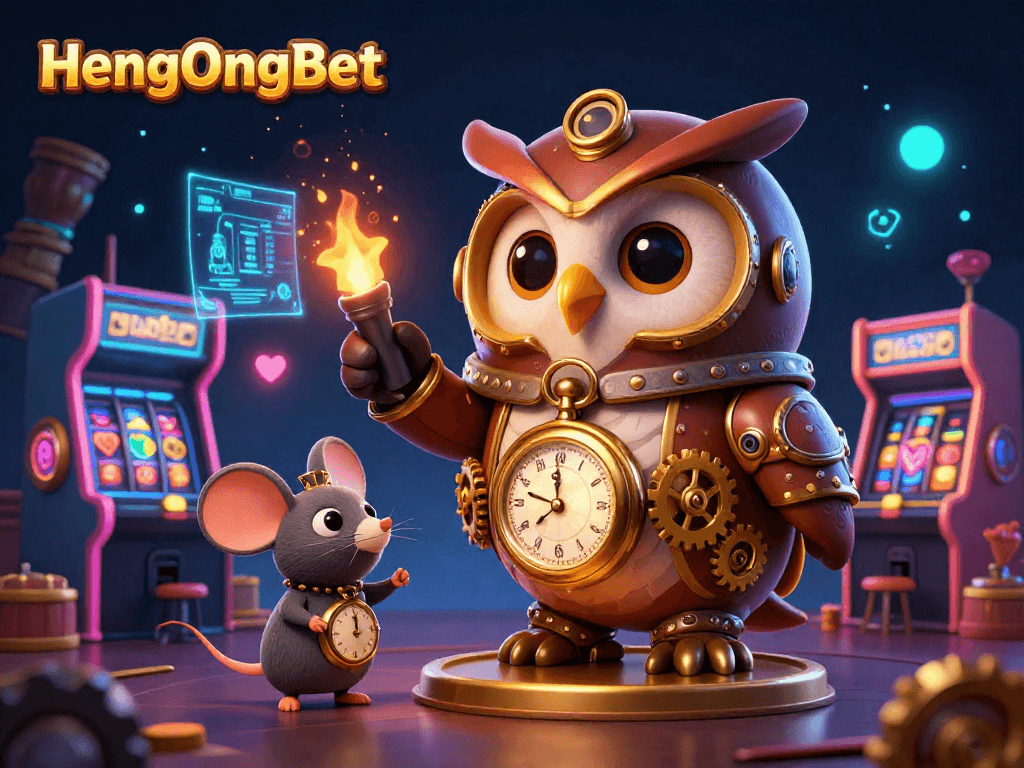 Experience thrilling gameplay at HengOngBet with a vibrant steampunk casino scene featuring an owl and arcade games.