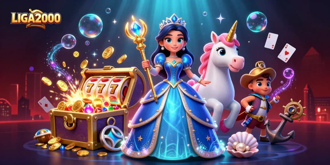 LIGA2000 menangkap semangat memenangkan jackpot dengan elemen slot yang berwarna-warni dan visual yang memikat.