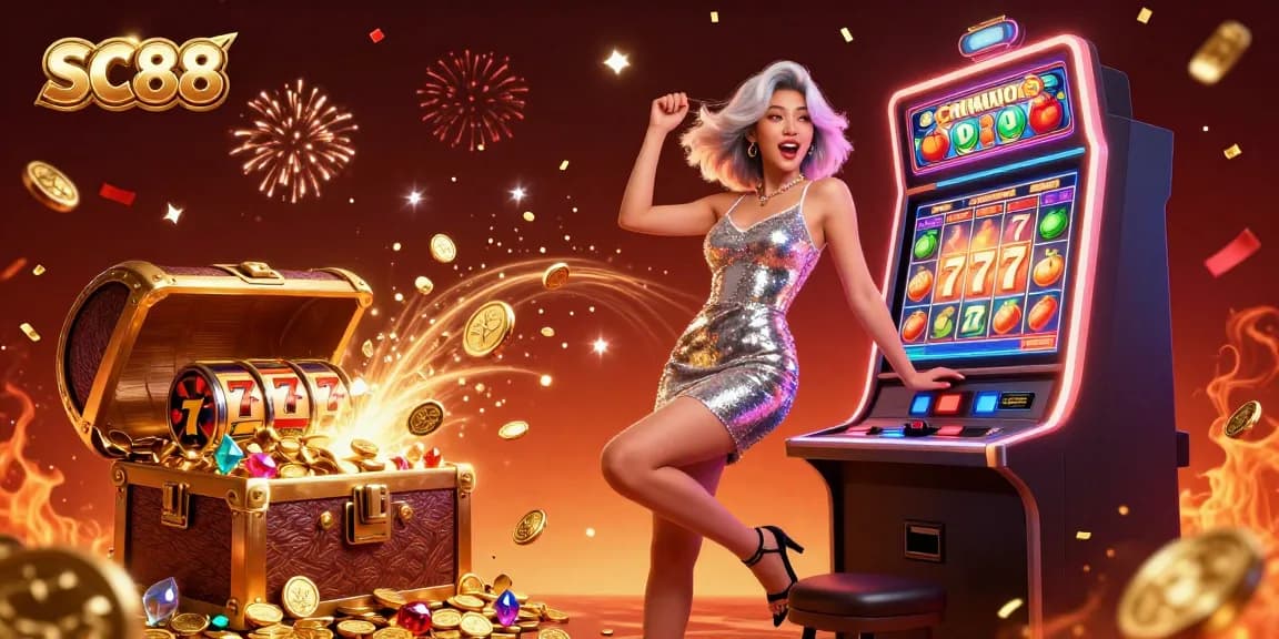 SC88 jackpot celebration with a gorgeous woman and exploding casino elements.
