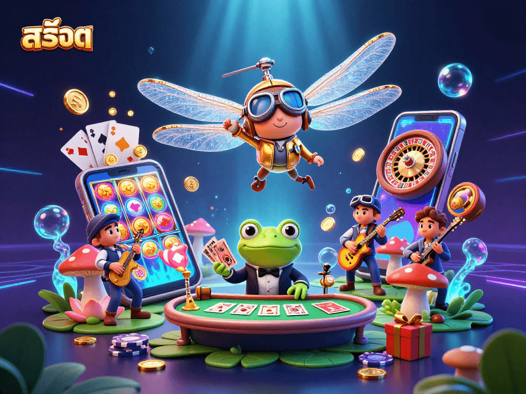 Play สล็อต in an energetic casino scene with a dragonfly pilot and frog dealer.