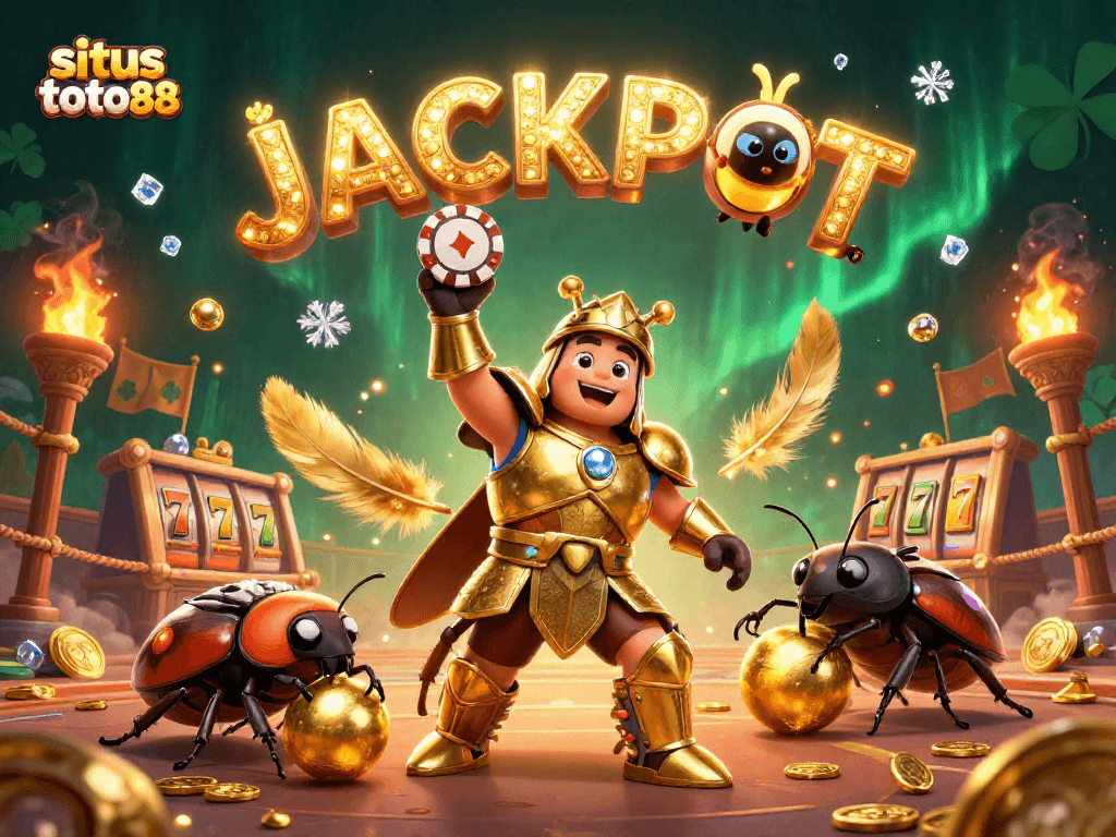 Engage in exciting gameplay at situs toto88 with a victorious hercules beetle in golden armor celebrating a jackpot.