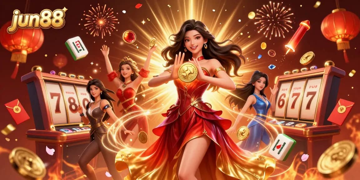 Experience casino excitement with jun88 showcasing a stunning Asian woman holding a golden coin amidst vibrant game elements.