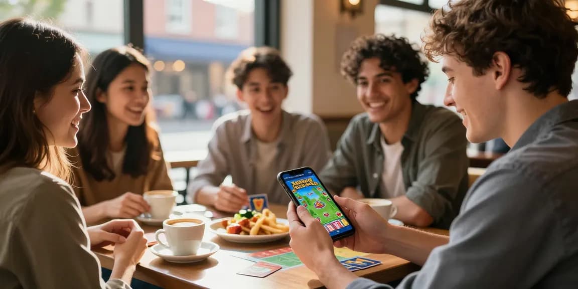 Engaging group enjoying the Teen Patti Gold app download experience at a café, capturing mobile gaming excitement.