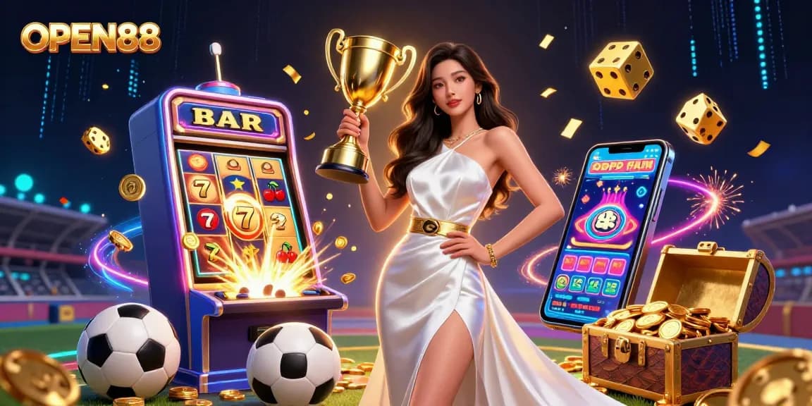 Experience thrilling sports betting with OPEN88, featuring a stunning champion and vibrant casino elements.