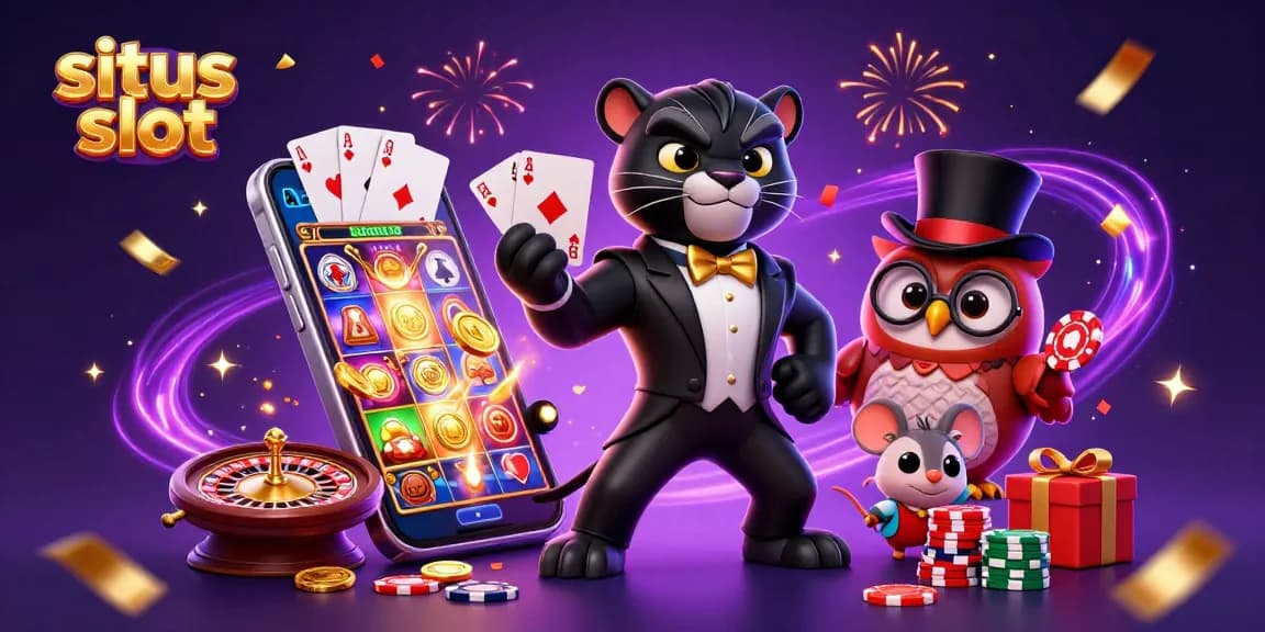 Mengakses situs slot dengan karakter kartun lucu, menunjukkan permainan mendebarkan dan keberuntungan.