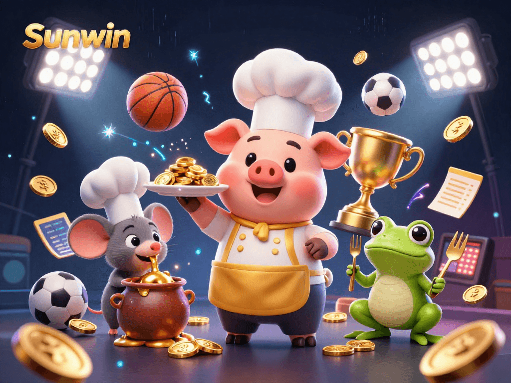 Experience the thrill of Sunwin with golden coins, sports, and animated characters bringing betting to life.