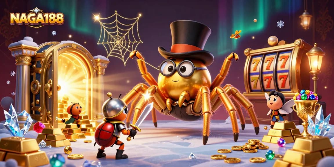 NAGA188 menawarkan pengalaman bertaruh yang seru dengan tarantula emas dan ksatria kecil di antara simbol slot.