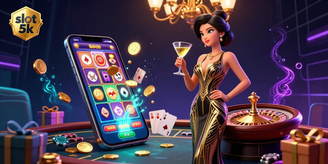 Experience thrilling gameplay with slot 5k in a glamorous casino scene featuring spinning reels and winning elements.