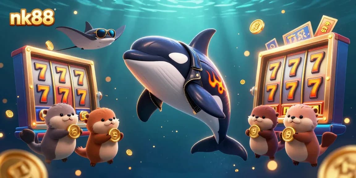 Experience the thrill of nk88 with orca whales and otters, surrounded by vibrant casino elements.