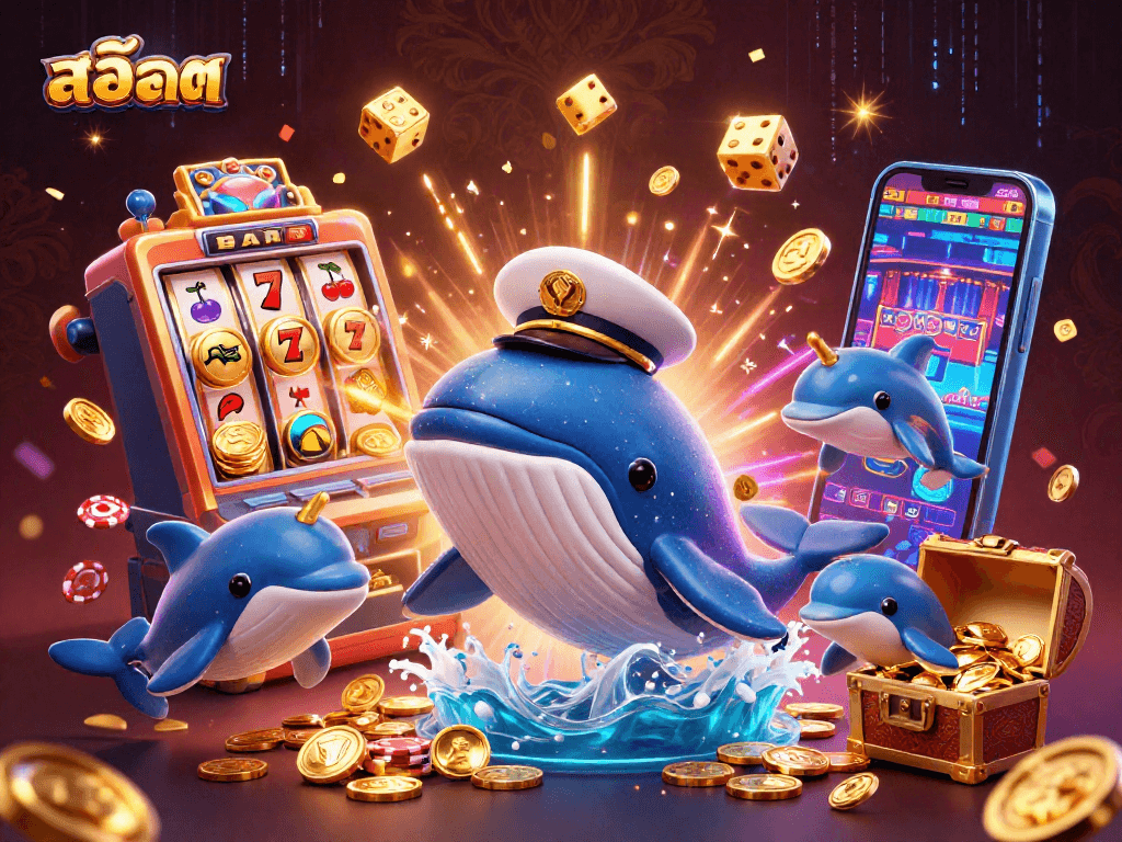Engaging scene of สล็อต gaming featuring a whale captain with coins, slot machines, and playful dolphins.