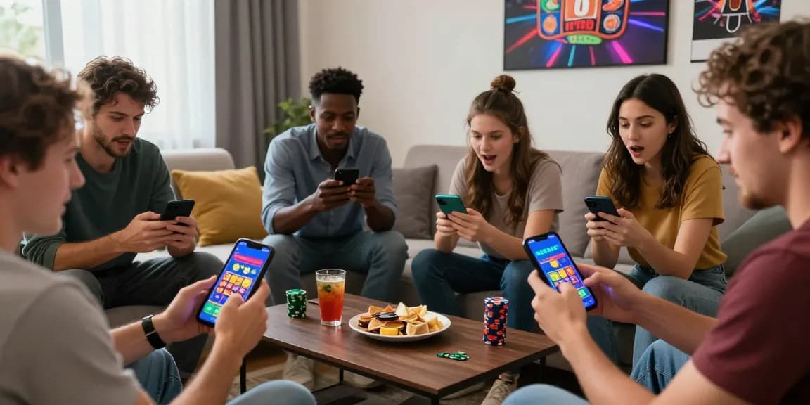 Friends immersed in casino games on the APK Bet Platform mobile app in a vibrant living room.