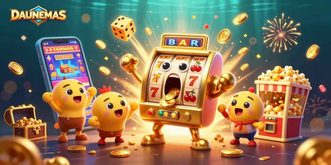 DAUNEMAS showcases a joyful slot machine hitting the jackpot amidst a vibrant casino scene.