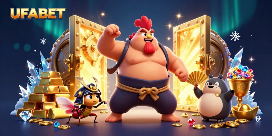 UFABET offers thrilling casino action in a vibrant 3D scene showcasing unique characters and golden treasures.
