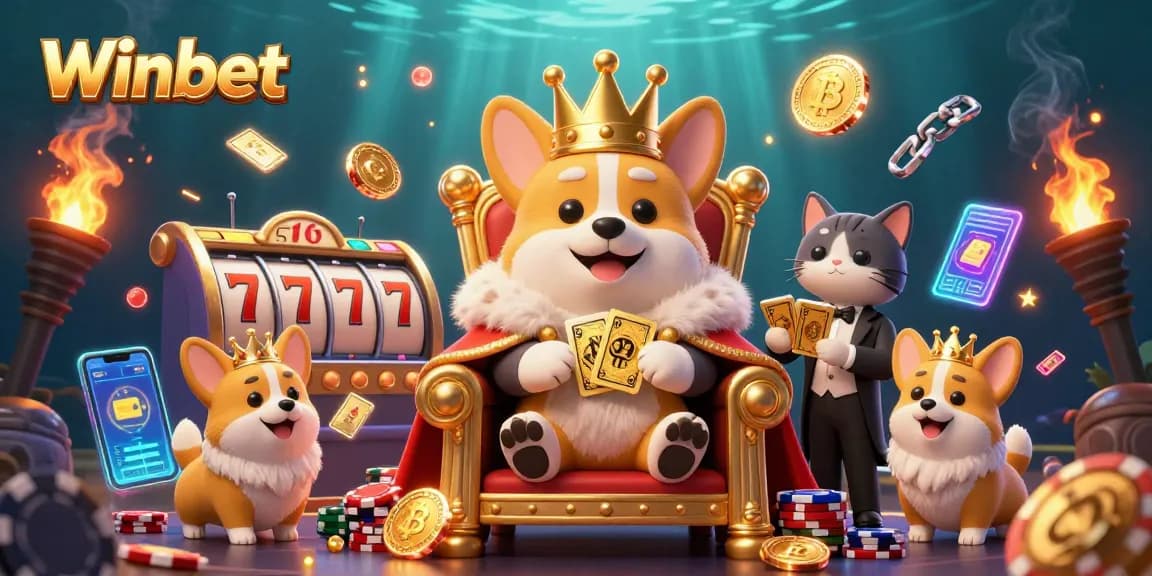 Experience the excitement of Winbet with a royal corgi throne surrounded by vibrant casino elements.