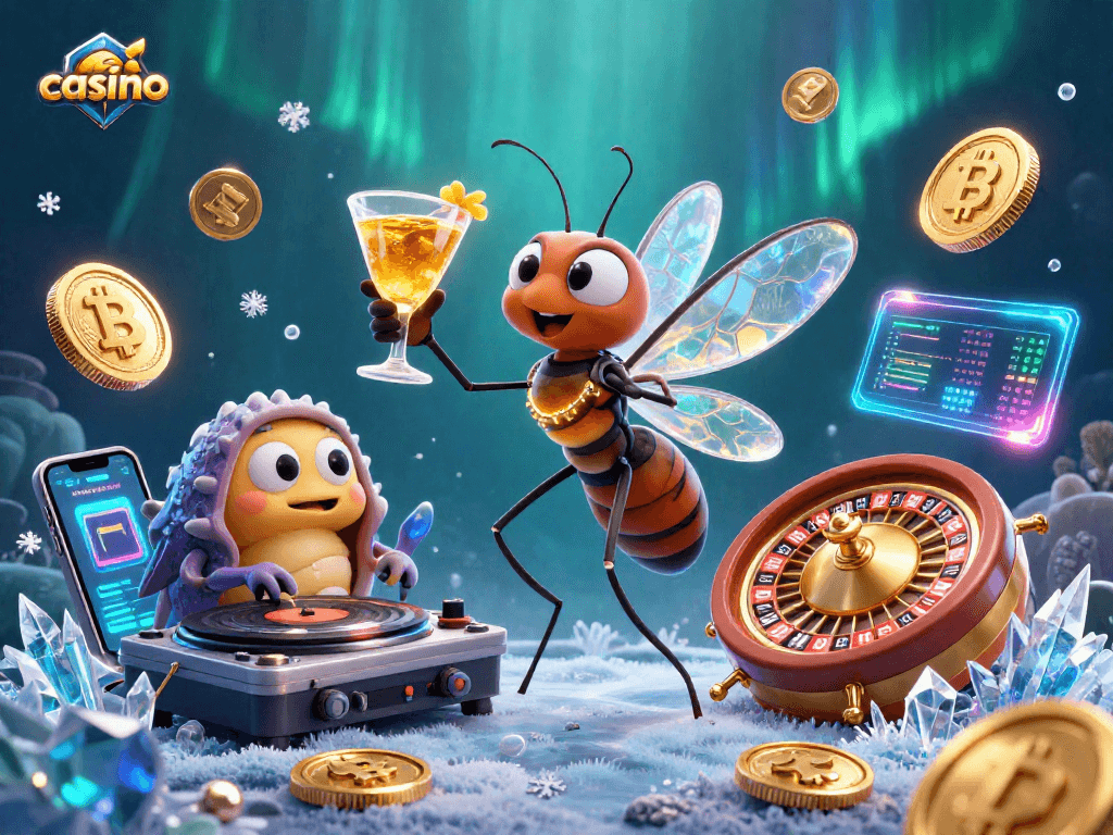 Experience the thrill of casino gaming with vibrant characters and neon crypto elements.