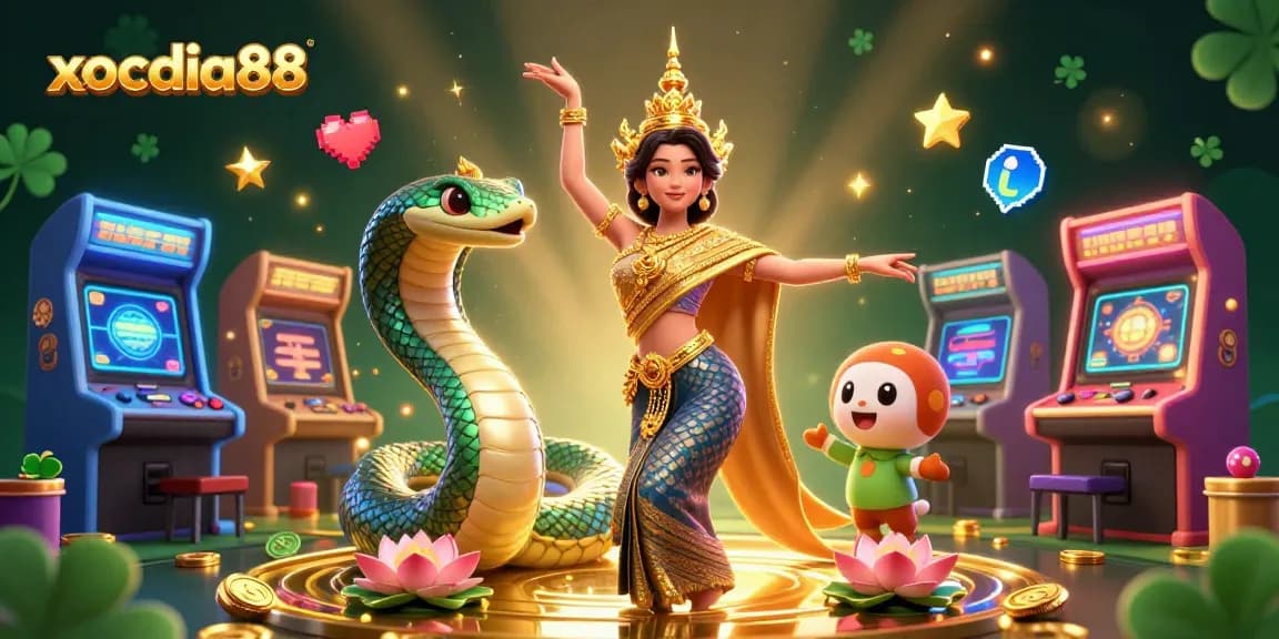 Xocdia88 unveils an enchanting scene with a graceful Thai dancer, glowing casino elements, and a vibrant Naga serpent.