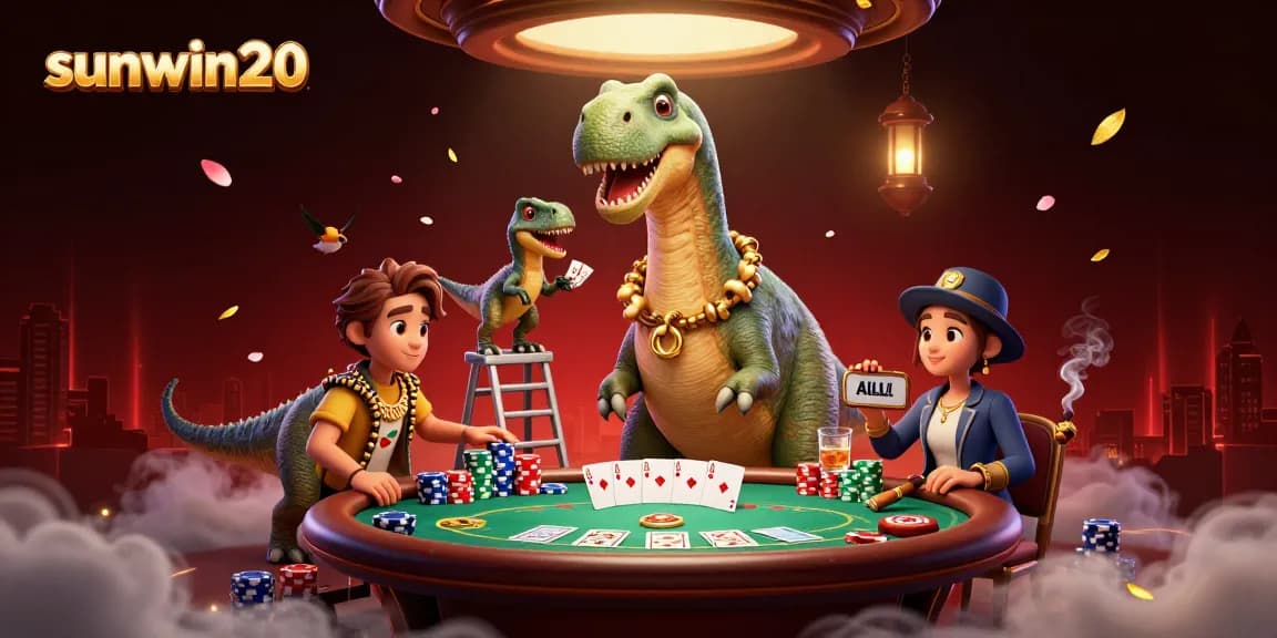 Experience the excitement of sunwin20 as a brontosaurus deals cards above a poker table in a lavish casino scene.